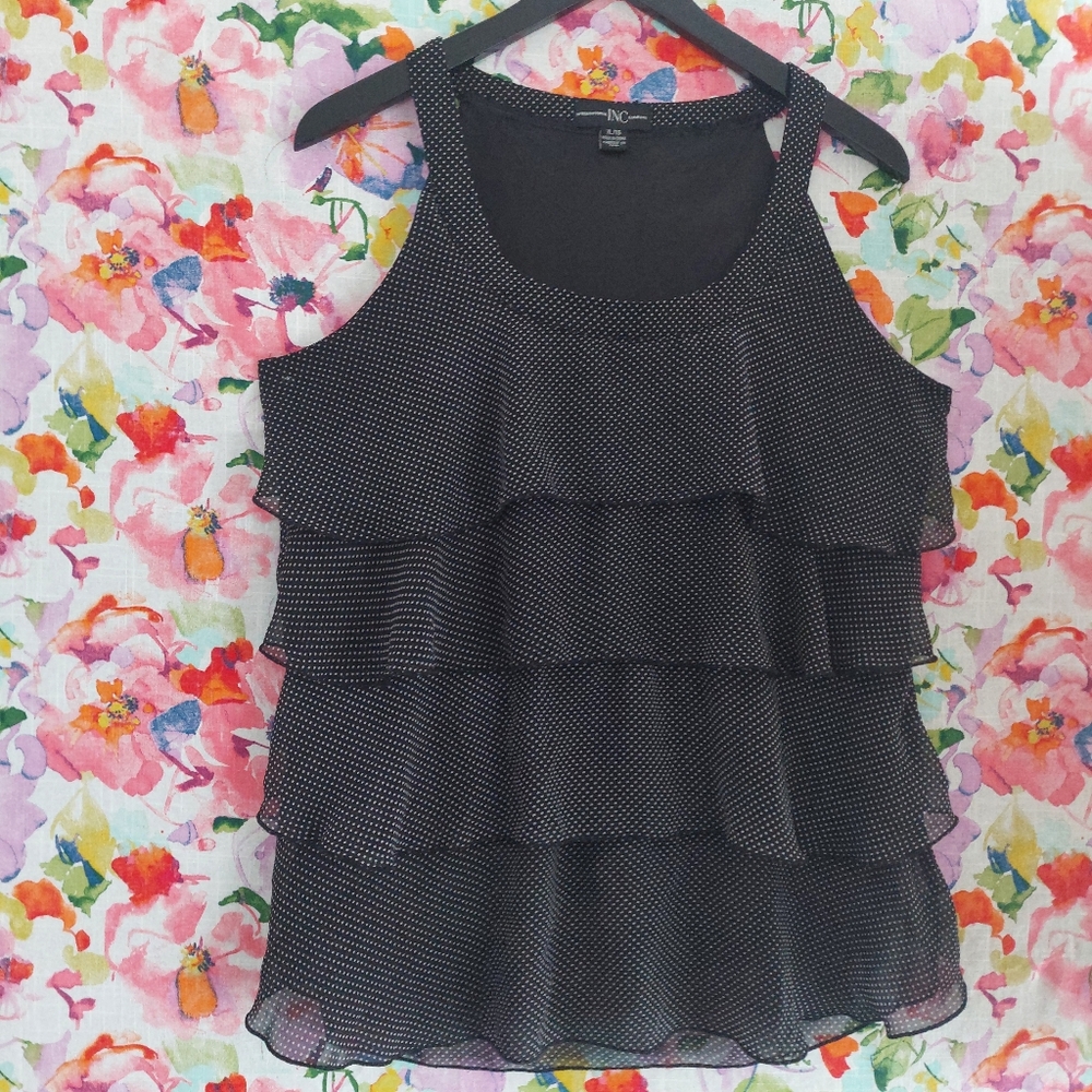 INC Black White Polka Dot Tank Top XL Sleeveless Blouse Layering Retro Office
